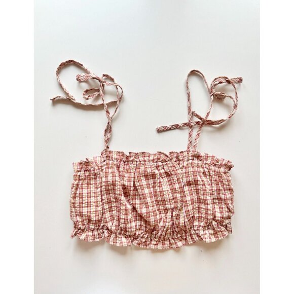 URBAN OUTFITTERS Red Check Cotton Crinkle Tie Shoulder Cropped Tank, Size S - Picture 9 of 15